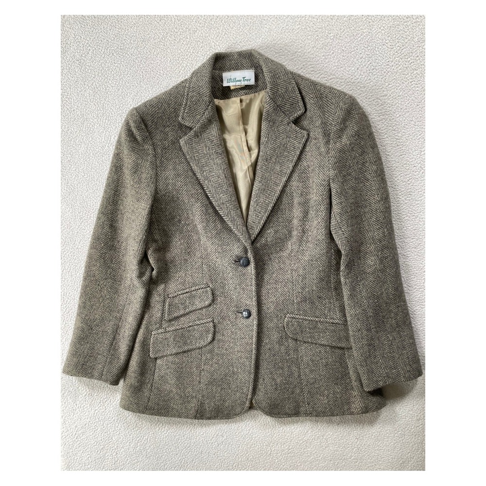 80s Willow Tree Women 8 Blazer Brown Herringbone Tweed Wool Blend Vintage Jacket
